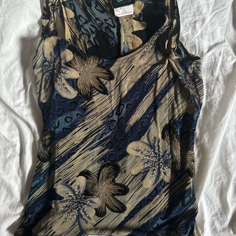 Vintage Floral Sleeveless Top - Blue and Tan